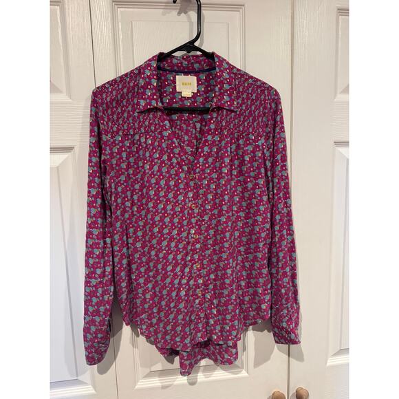Anthropologie Mauve Woman Purple Geometric Button Up Long Sleeve Shirt Size 4 - Picture 1 of 7
